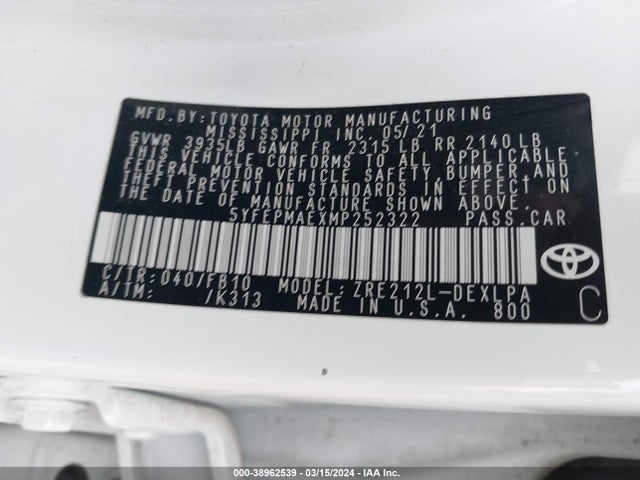 Toyota COROLLA LE 2021 5YFEPMAEXMP252322 Image 9