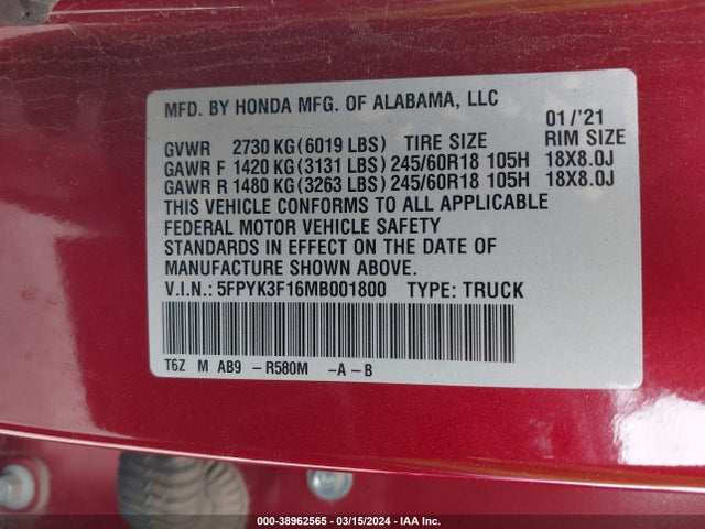 Honda Ridgeline Awd Sport 2021 5FPYK3F16MB001800 Image 9