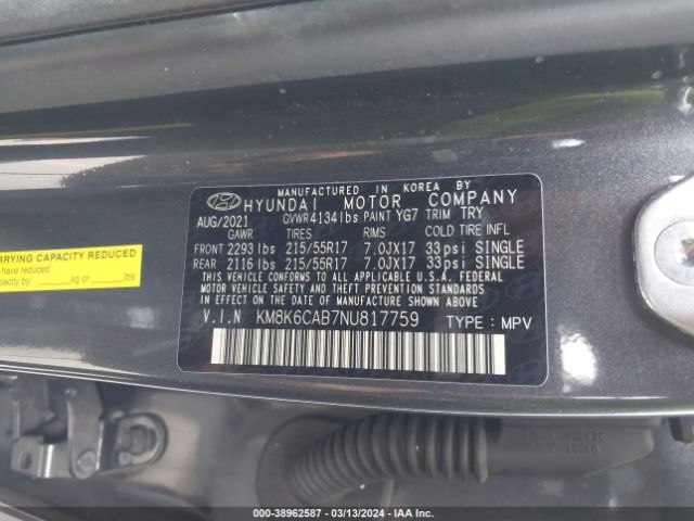 KM8K6CAB7NU817759 Hyundai Kona Sel