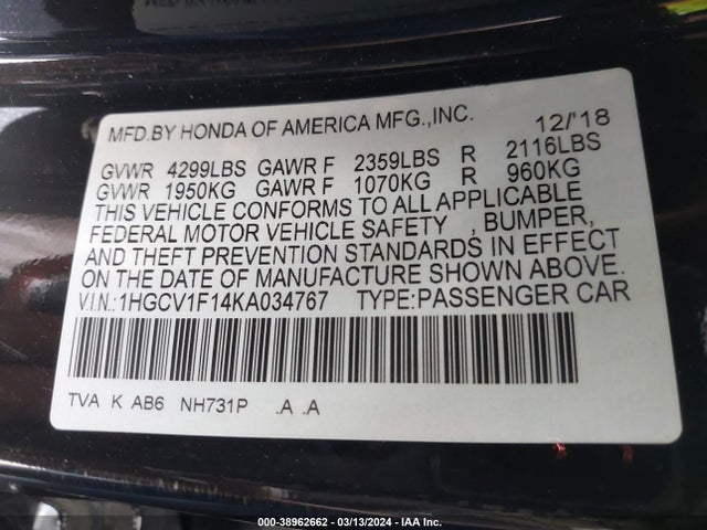 Honda ACCORD LX 2019 1HGCV1F14KA034767 Image 9