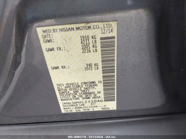 Nissan Altima 2.5 S 2015 1N4AL3APXFC231946 Image 9