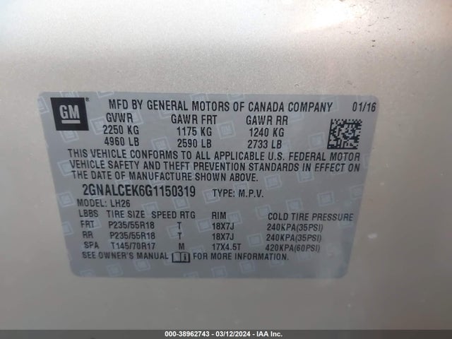 Chevrolet EQUINOX LT 2016 2GNALCEK6G1150319 Image 9