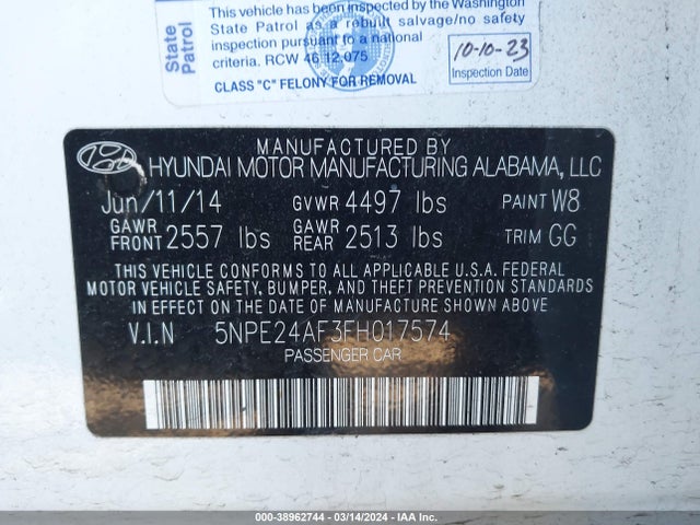 Hyundai SONATA SE 2015 5NPE24AF3FH017574 Image 9