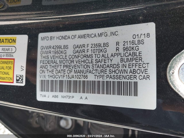 Honda ACCORD LX 2018 1HGCV1F15JA102766 Image 9