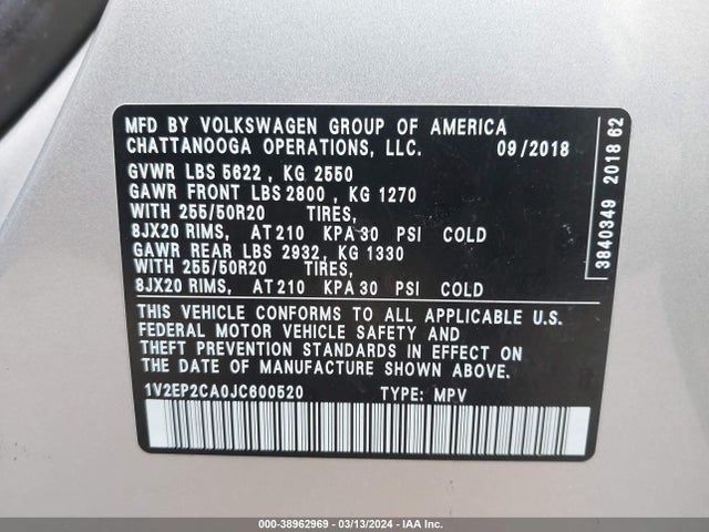 1V2EP2CA0JC600520 Volkswagen Atlas 2.0t Sel