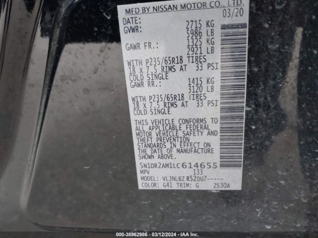 5N1DR2AM1LC614655 Nissan Pathfinder S 4wd