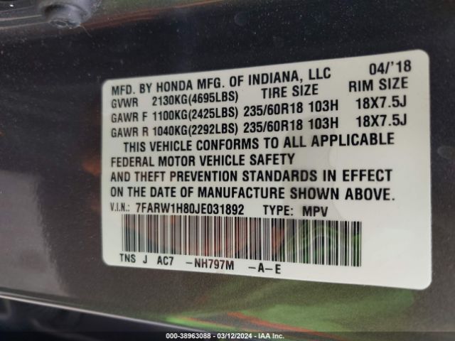 7FARW1H80JE031892 Honda Cr-v Ex-l/ex-l Navi