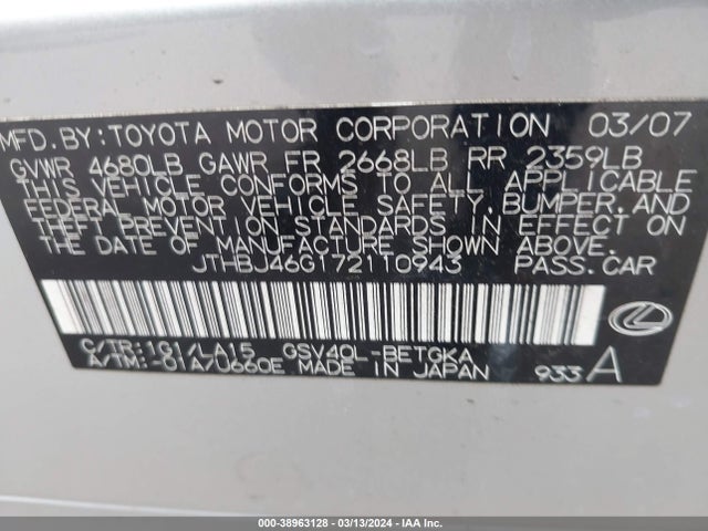 Aukcja sprzedaży 2007 Lexus Es 350, vin: JTHBJ46G172110943, numer aukcji: 38963128