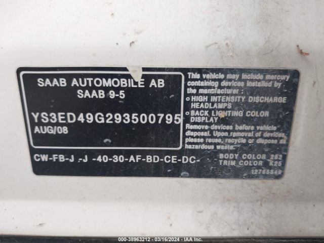 2009 SAAB 9-5 YS3ED49G293500795 Photo 8