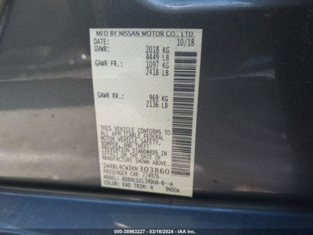 1N4BL4CW3KN303860 Nissan Altima 2.5 Sr