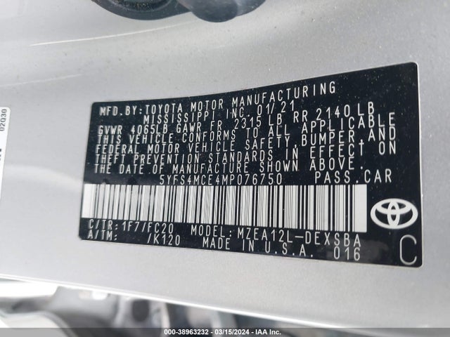 Toyota COROLLA SE 2021 5YFS4MCE4MP076750 Image 9