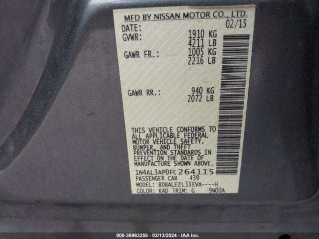 Nissan Altima 2.5 S 2015 1N4AL3AP0FC264115 Image 9