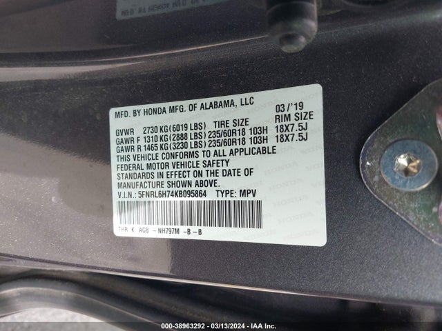 Honda Odyssey Ex-l 2019 5FNRL6H74KB095864 Image 9