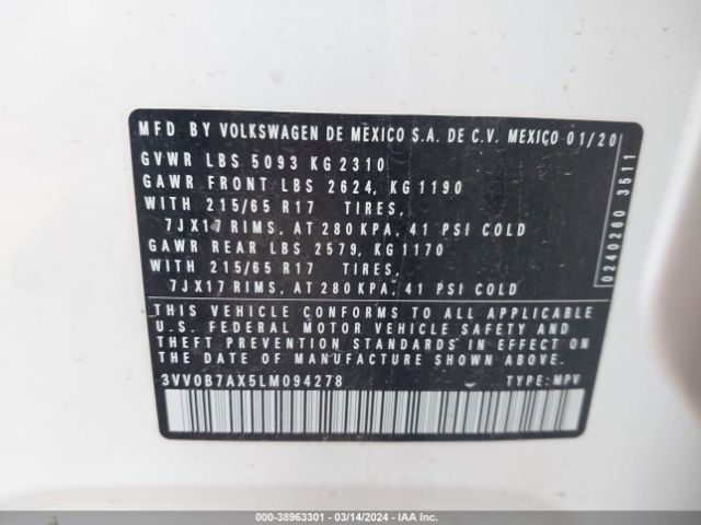 3VV0B7AX5LM094278 Volkswagen Tiguan 2.0t S