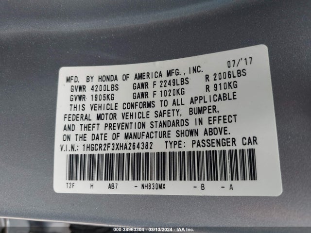 Honda ACCORD LX 2017 1HGCR2F3XHA264382 Image 9