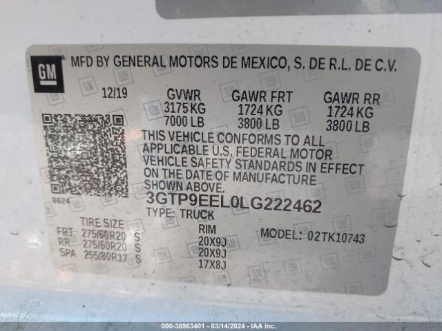 3GTP9EEL0LG222462 GMC Sierra 1500 4wd  Standard Box At4