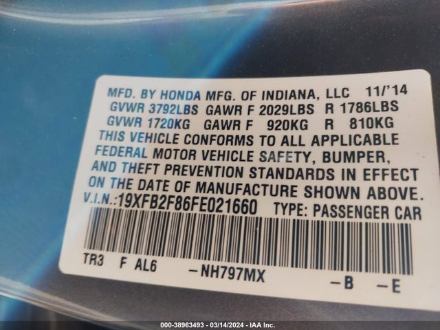 Honda CIVIC EX 2015 19XFB2F86FE021660 Image 9