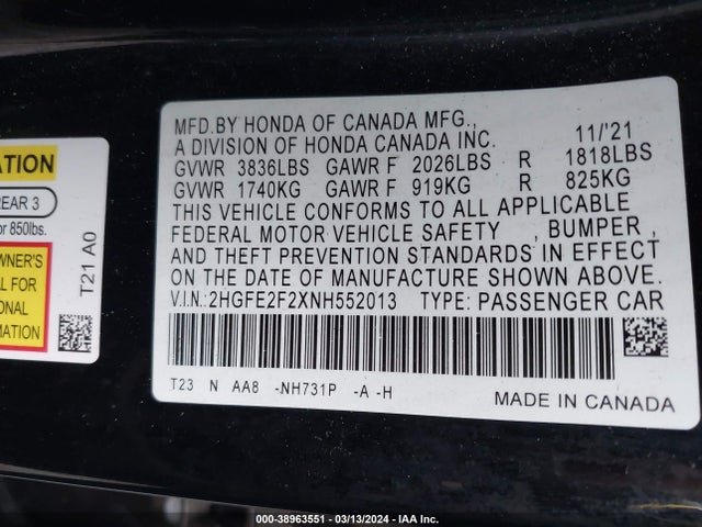 Honda Civic Lx 2022 2HGFE2F2XNH552013 Image 9