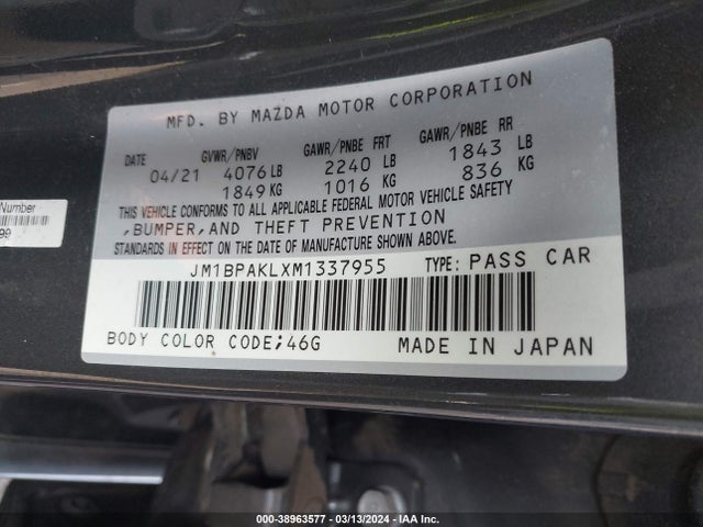 JM1BPAKLXM1337955 Mazda Mazda3 Select