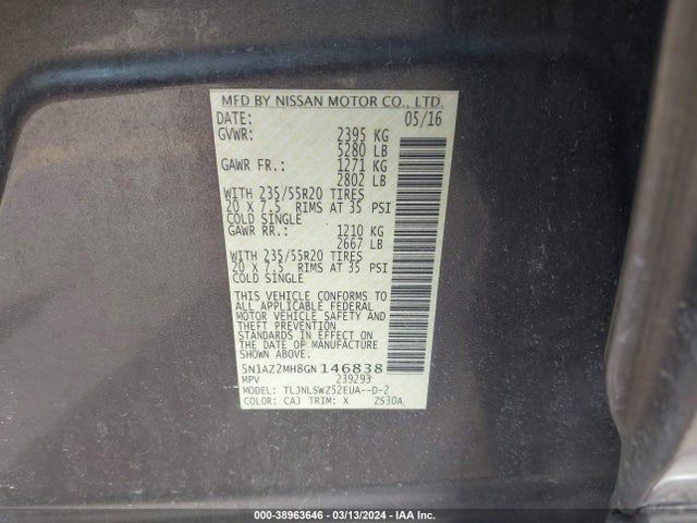 Nissan Murano Platinum 2016 5N1AZ2MH8GN146838 Image 9
