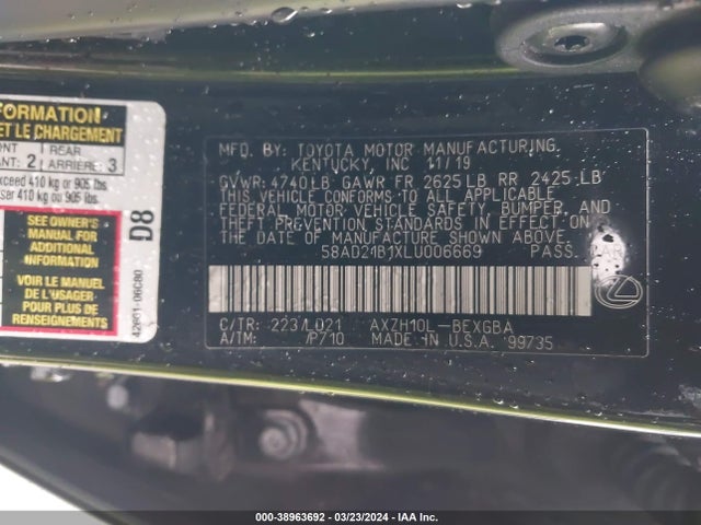 Lexus ES 300H 2020 58AD21B1XLU006669 Image 9