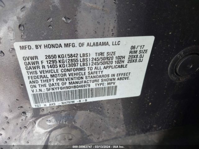 5FNYF6H90HB046979 Honda Pilot Touring