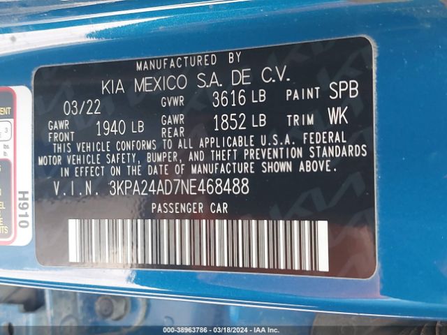 3KPA24AD7NE468488 KIA RIO S