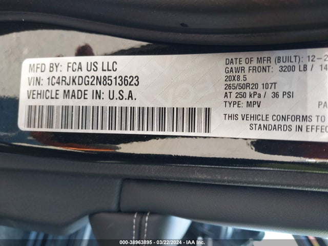 1C4RJKDG2N8513623 Jeep Grand Cherokee L Overland 4x4