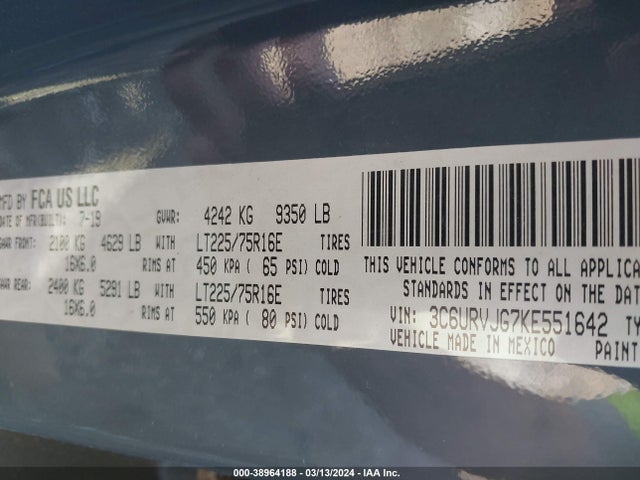 3C6URVJG7KE551642 RAM Promaster 3500 Cargo Van High Roof 159 Wb Ext