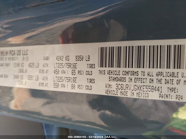 Продажа на аукционе авто 2019 Ram Promaster 3500 Cargo Van High Roof 159 Wb Ext, vin: 3C6URVJGXKE558441, номер лота: 38964193