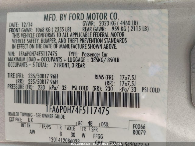 Ford FUSION SE 2015 1FA6P0H74F5117475 Image 9