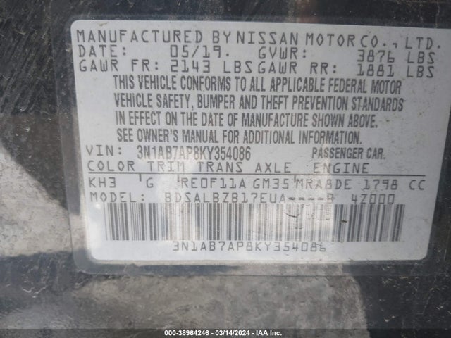 Nissan SENTRA S 2019 3N1AB7AP8KY354086 Image 9