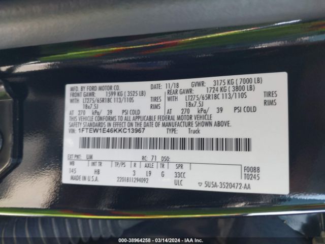 1FTEW1E46KKC13967 Ford F-150 Lariat