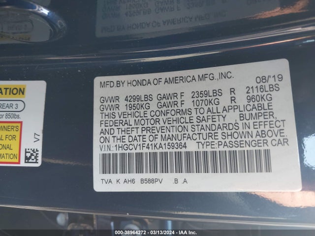 Honda ACCORD EX 2019 1HGCV1F41KA159364 Image 9