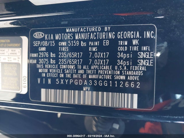 KIA Sorento 2.4l Lx 2016 5XYPGDA33GG112662 Image 9