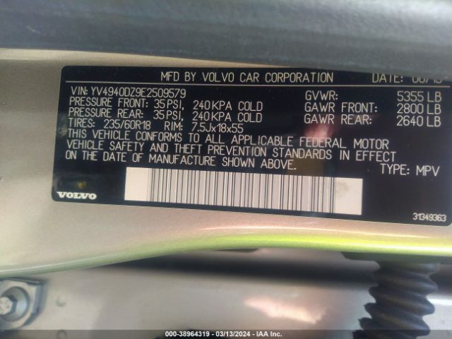 YV4940DZ9E2509579 Volvo Xc60 3.2/3.2 Platinum/3.2 Premier/3.2 Premier Plus