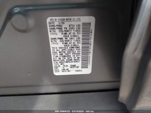 JN8AT2MV5LW140807 Nissan Rogue Sv Intelligent Awd