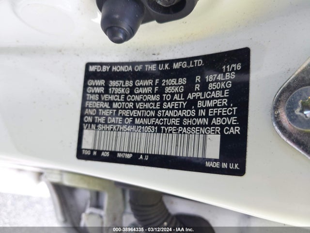 Honda CIVIC EX 2017 SHHFK7H54HU210531 Image 9