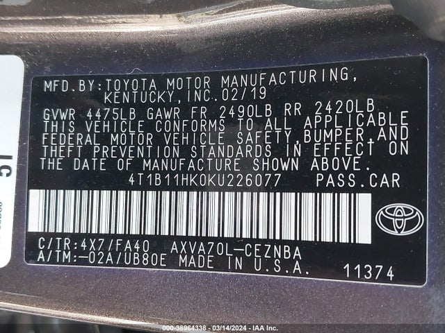 Toyota CAMRY LE 2019 4T1B11HK0KU226077 Image 9