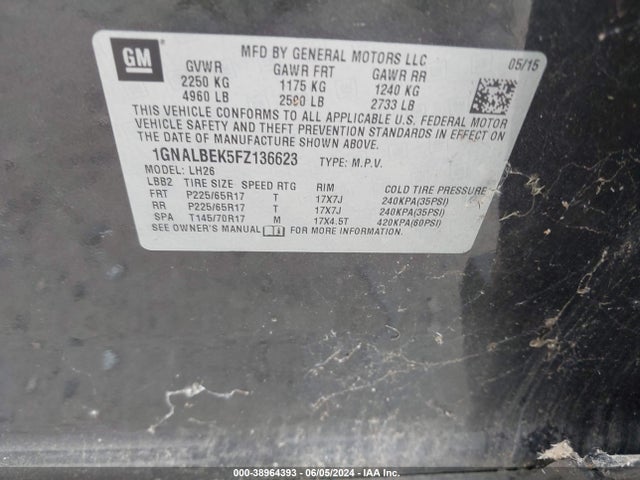 Chevrolet EQUINOX 1LT 2015 1GNALBEK5FZ136623 Image 9
