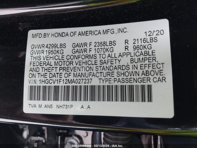 Honda ACCORD LX 2021 1HGCV1F12MA027237 Image 9