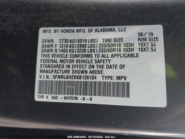 Honda ODYSSEY LX 2019 5FNRL6H2XKB126104 Image 9