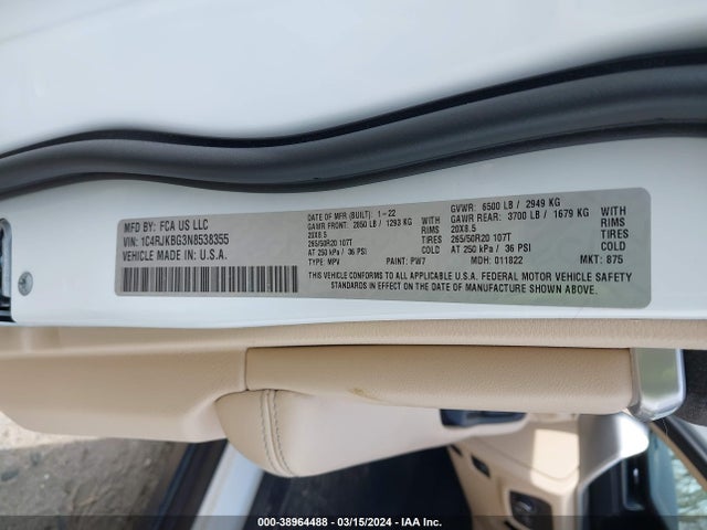 1C4RJKBG3N8538355 Jeep Grand Cherokee L Limited 4x4