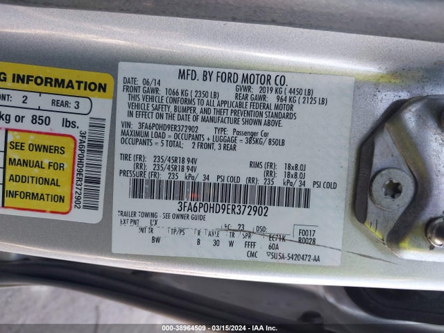Ford FUSION SE 2014 3FA6P0HD9ER372902 Image 9