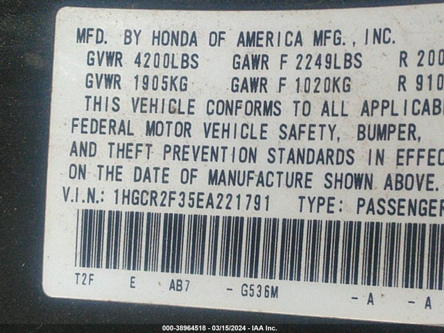 Honda ACCORD LX 2014 1HGCR2F35EA221791 Image 9