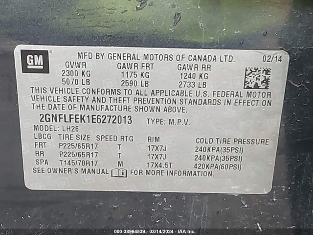 Chevrolet EQUINOX 1LT 2014 2GNFLFEK1E6272013 Image 9