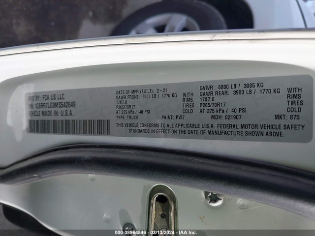 RAM 1500 Classic Slt  4x4 5'7 Box 2021 1C6RR7LG0MS542649 Image 9