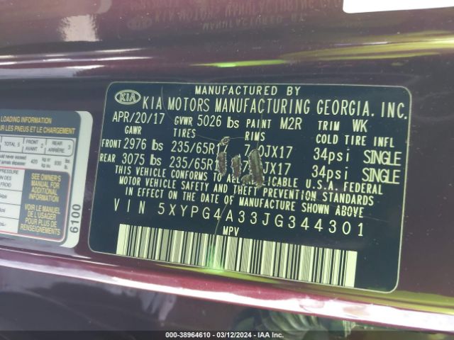5XYPG4A33JG344301 KIA Sorento 2.4l Lx