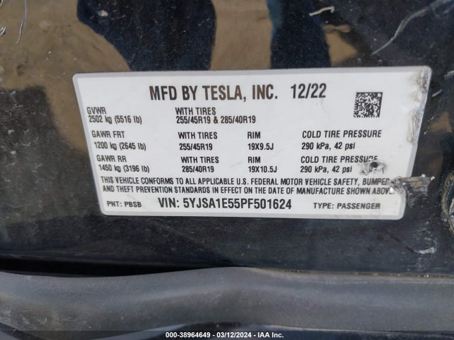 Tesla Model S Dual Motor All-wheel Drive/standard Range 2023 5YJSA1E55PF501624 Image 8