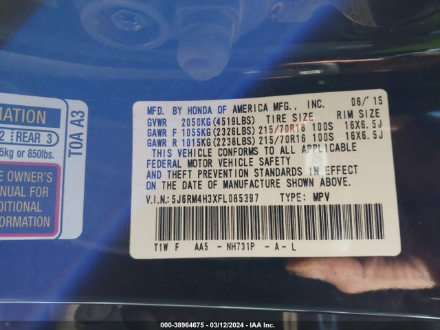Honda CR-V LX 2015 5J6RM4H3XFL085397 Image 9